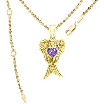Heart Gemstone and Double Angel Wings Yellow Gold Pendant GPD5229 - Jewelry